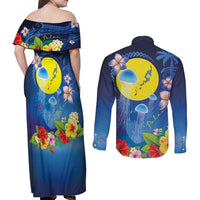 Palau Jellyfish Couples Matching Off Shoulder Maxi Dress and Long Sleeve Button Shirt Ocean Heritage Tropical Plants LT03 - Polynesian Pride