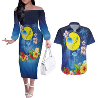 Palau Jellyfish Couples Matching Off The Shoulder Long Sleeve Dress and Hawaiian Shirt Ocean Heritage Tropical Plants LT03 Blue - Polynesian Pride