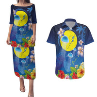 Palau Jellyfish Couples Matching Puletasi and Hawaiian Shirt Ocean Heritage Tropical Plants - Polynesian Pride