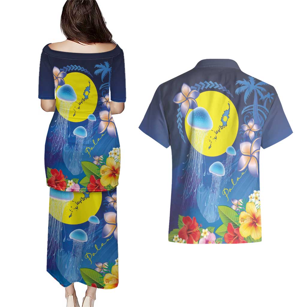 Palau Jellyfish Couples Matching Puletasi and Hawaiian Shirt Ocean Heritage Tropical Plants - Polynesian Pride