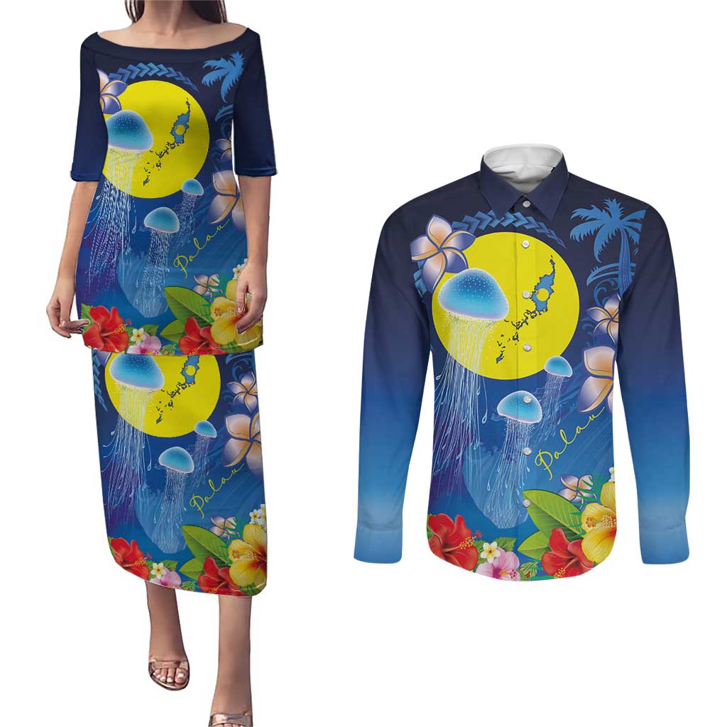 Palau Jellyfish Couples Matching Puletasi and Long Sleeve Button Shirt Ocean Heritage Tropical Plants - Polynesian Pride