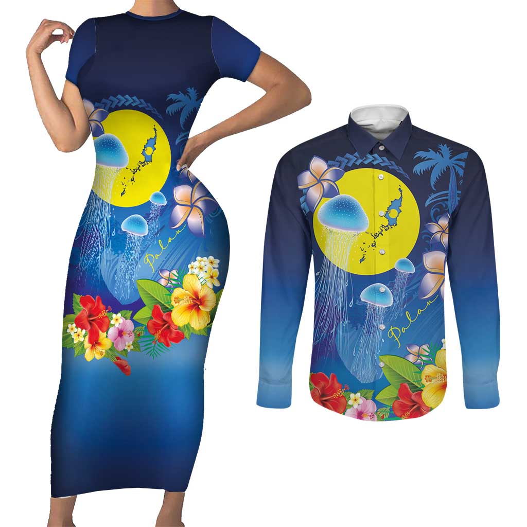 Palau Jellyfish Couples Matching Short Sleeve Bodycon Dress and Long Sleeve Button Shirt Ocean Heritage Tropical Plants - Polynesian Pride