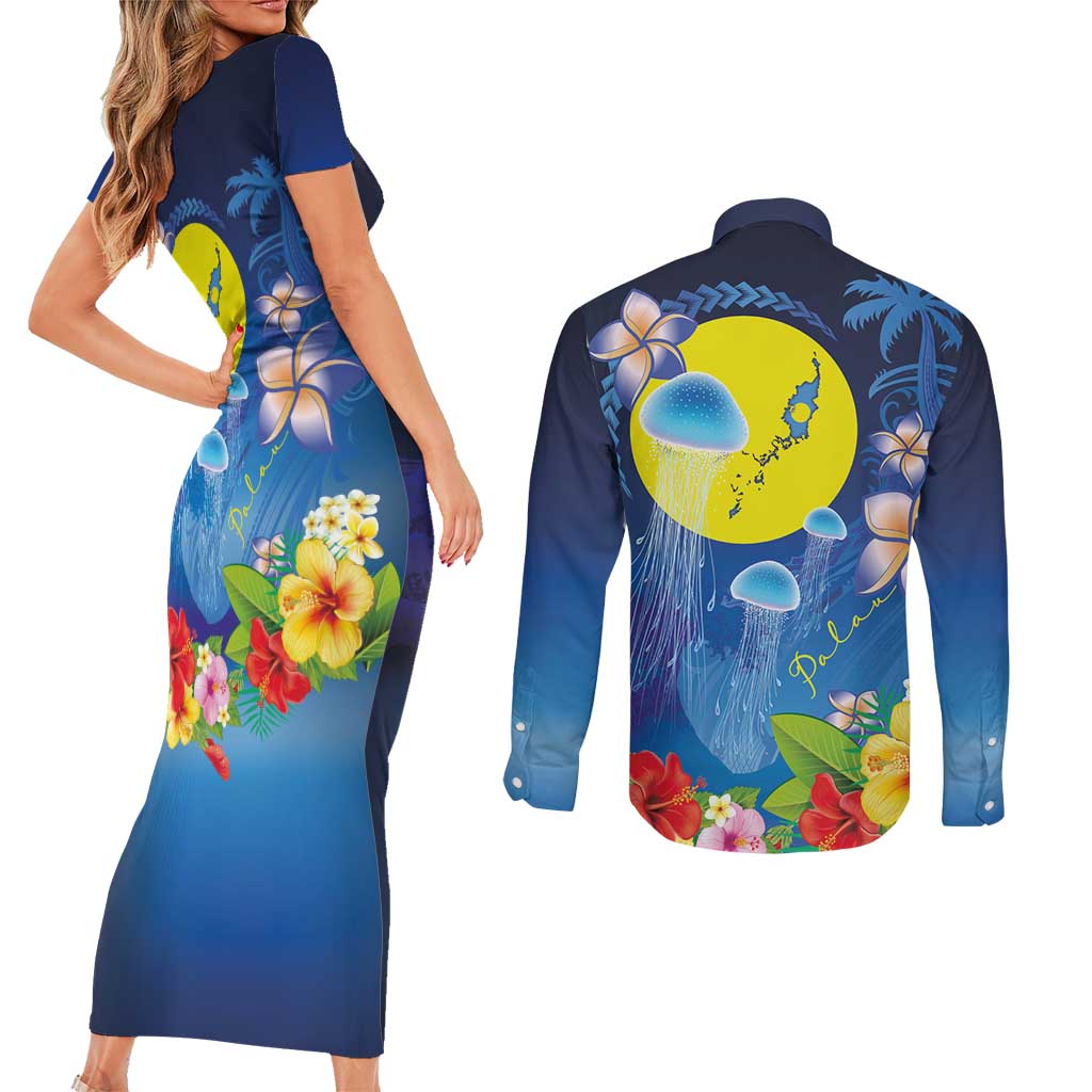 Palau Jellyfish Couples Matching Short Sleeve Bodycon Dress and Long Sleeve Button Shirt Ocean Heritage Tropical Plants - Polynesian Pride