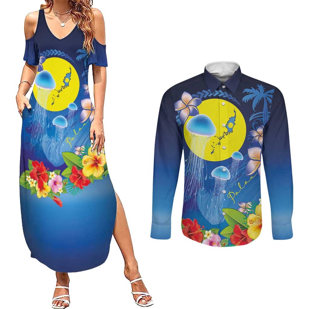 Palau Jellyfish Couples Matching Summer Maxi Dress and Long Sleeve Button Shirt Ocean Heritage Tropical Plants - Polynesian Pride