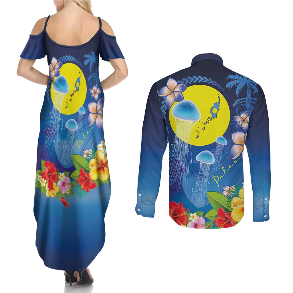 Palau Jellyfish Couples Matching Summer Maxi Dress and Long Sleeve Button Shirt Ocean Heritage Tropical Plants - Polynesian Pride