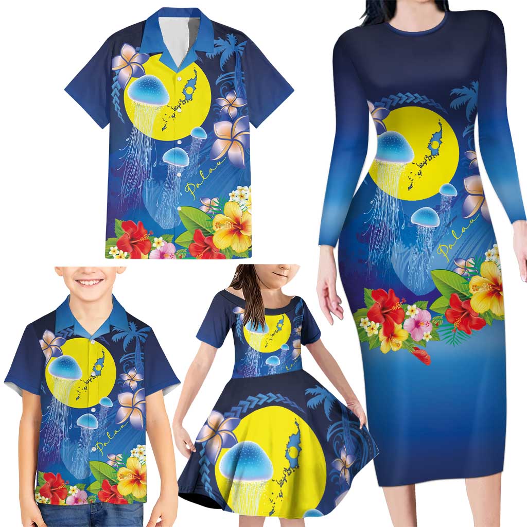 Palau Jellyfish Family Matching Long Sleeve Bodycon Dress and Hawaiian Shirt Ocean Heritage Tropical Plants LT03 - Polynesian Pride