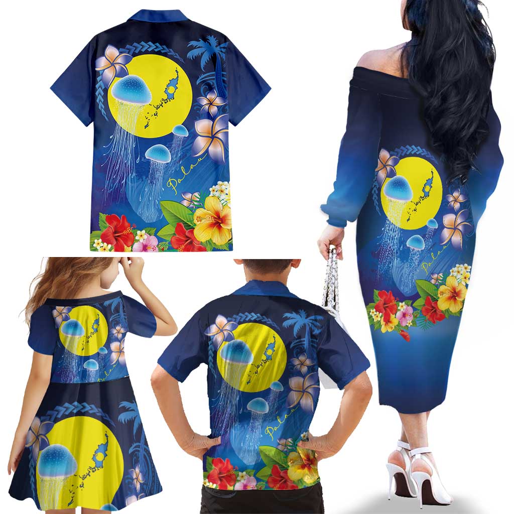 Palau Jellyfish Family Matching Off The Shoulder Long Sleeve Dress and Hawaiian Shirt Ocean Heritage Tropical Plants LT03 - Polynesian Pride