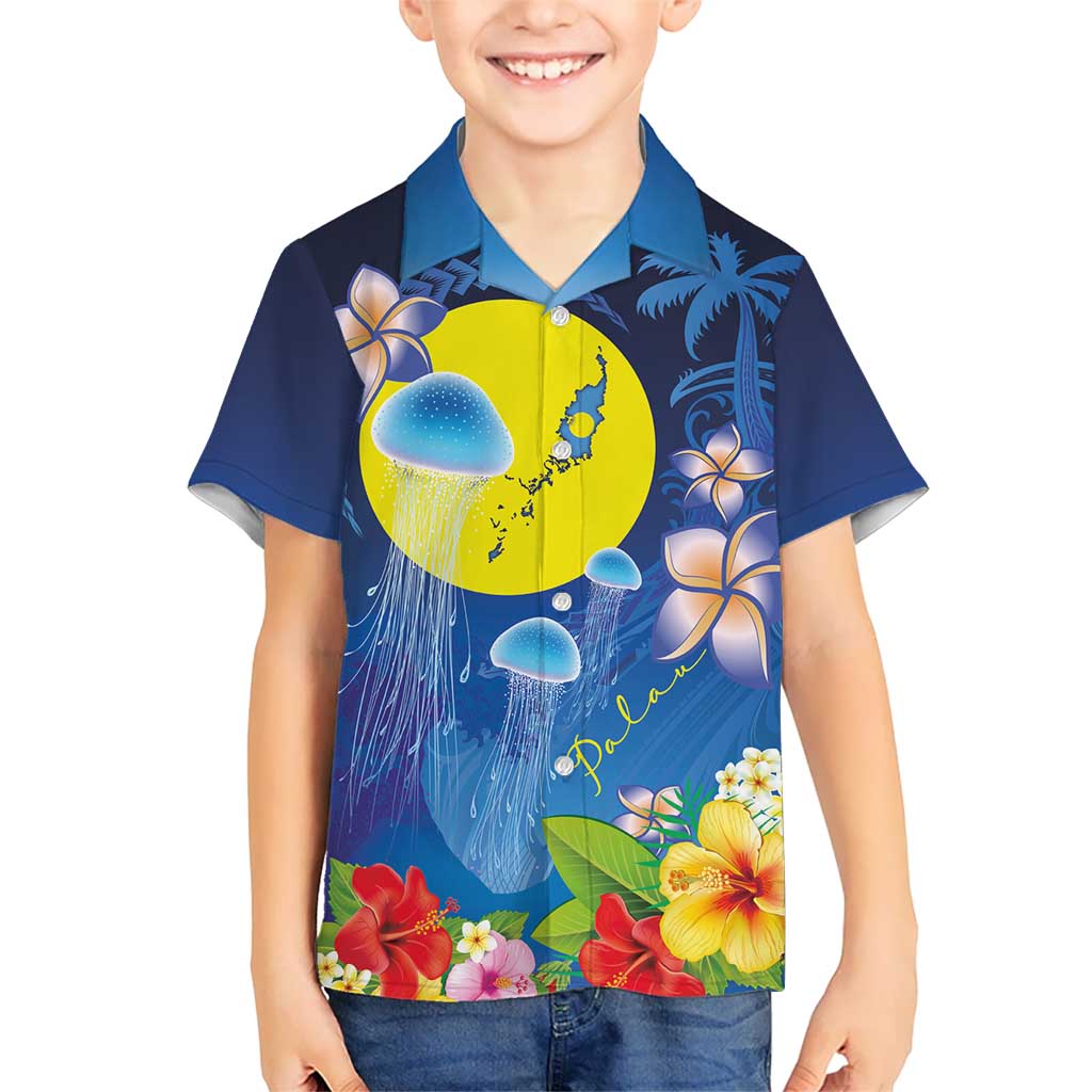 Palau Jellyfish Family Matching Off The Shoulder Long Sleeve Dress and Hawaiian Shirt Ocean Heritage Tropical Plants LT03 Son's Shirt Blue - Polynesian Pride