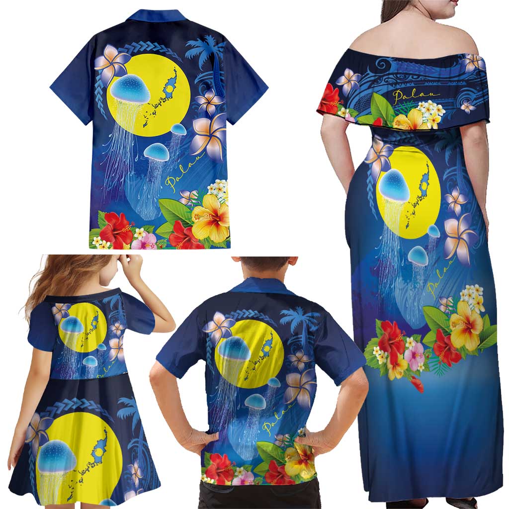 Palau Jellyfish Family Matching Off Shoulder Maxi Dress and Hawaiian Shirt Ocean Heritage Tropical Plants LT03 - Polynesian Pride