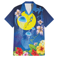 Palau Jellyfish Family Matching Off Shoulder Maxi Dress and Hawaiian Shirt Ocean Heritage Tropical Plants LT03 Dad's Shirt - Short Sleeve Blue - Polynesian Pride