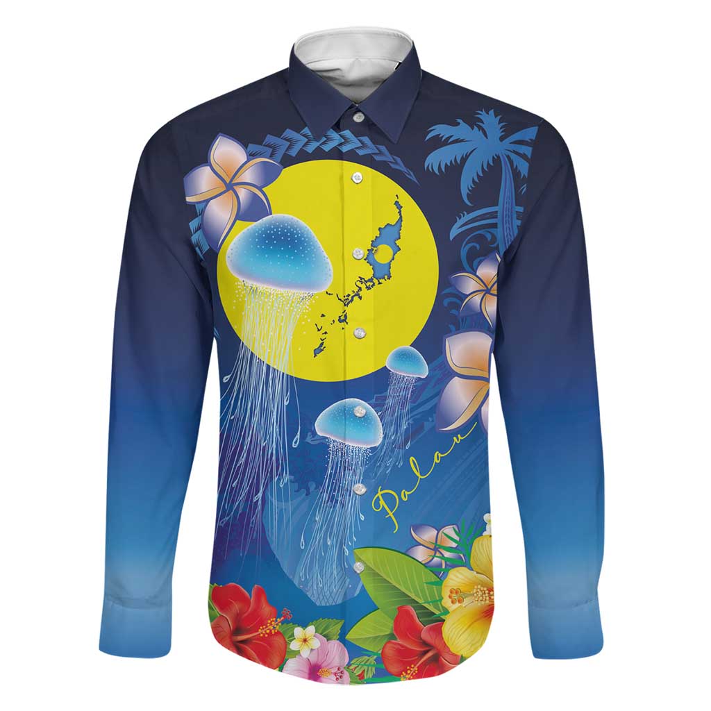 Palau Jellyfish Family Matching Off Shoulder Maxi Dress and Hawaiian Shirt Ocean Heritage Tropical Plants LT03 Dad's Shirt - Long Sleeve Blue - Polynesian Pride