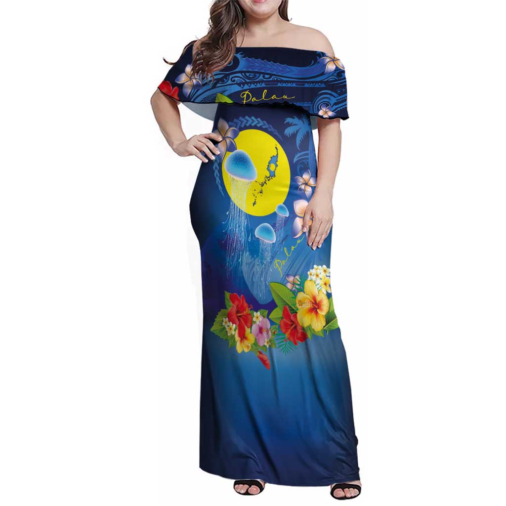 Palau Jellyfish Family Matching Off Shoulder Maxi Dress and Hawaiian Shirt Ocean Heritage Tropical Plants LT03 Mom's Dress Blue - Polynesian Pride