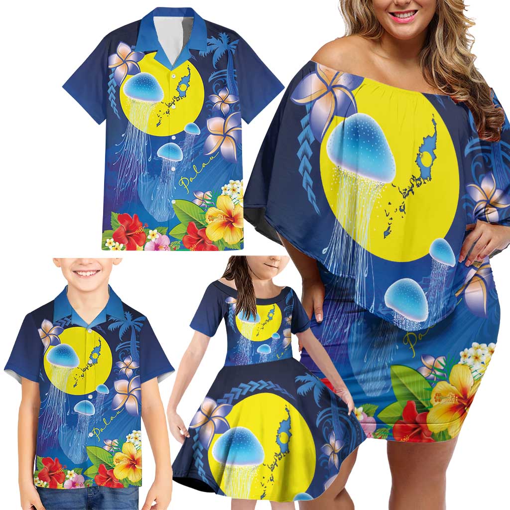 Palau Jellyfish Family Matching Off Shoulder Short Dress and Hawaiian Shirt Ocean Heritage Tropical Plants - Polynesian Pride