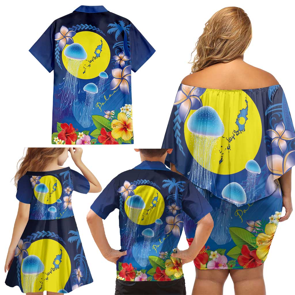 Palau Jellyfish Family Matching Off Shoulder Short Dress and Hawaiian Shirt Ocean Heritage Tropical Plants LT03 - Polynesian Pride