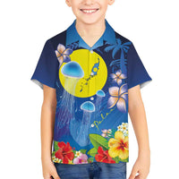 Palau Jellyfish Family Matching Off Shoulder Short Dress and Hawaiian Shirt Ocean Heritage Tropical Plants LT03 Son's Shirt Blue - Polynesian Pride