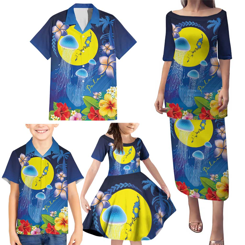 Palau Jellyfish Family Matching Puletasi and Hawaiian Shirt Ocean Heritage Tropical Plants - Polynesian Pride