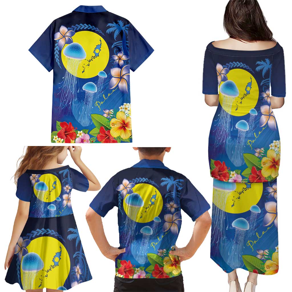 Palau Jellyfish Family Matching Puletasi and Hawaiian Shirt Ocean Heritage Tropical Plants - Polynesian Pride