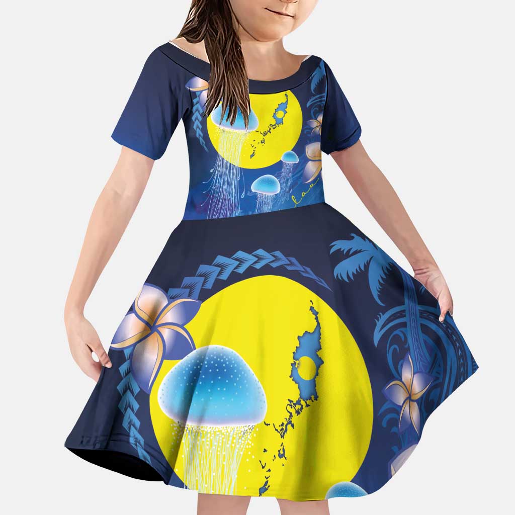 Palau Jellyfish Family Matching Short Sleeve Bodycon Dress and Hawaiian Shirt Ocean Heritage Tropical Plants LT03 Daughter's Dress Blue - Polynesian Pride