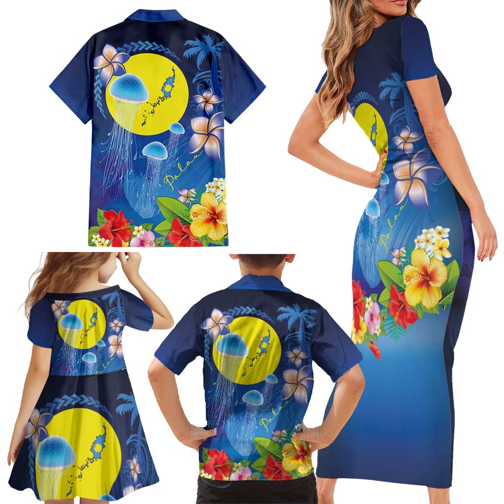Palau Jellyfish Family Matching Short Sleeve Bodycon Dress and Hawaiian Shirt Ocean Heritage Tropical Plants LT03 - Polynesian Pride