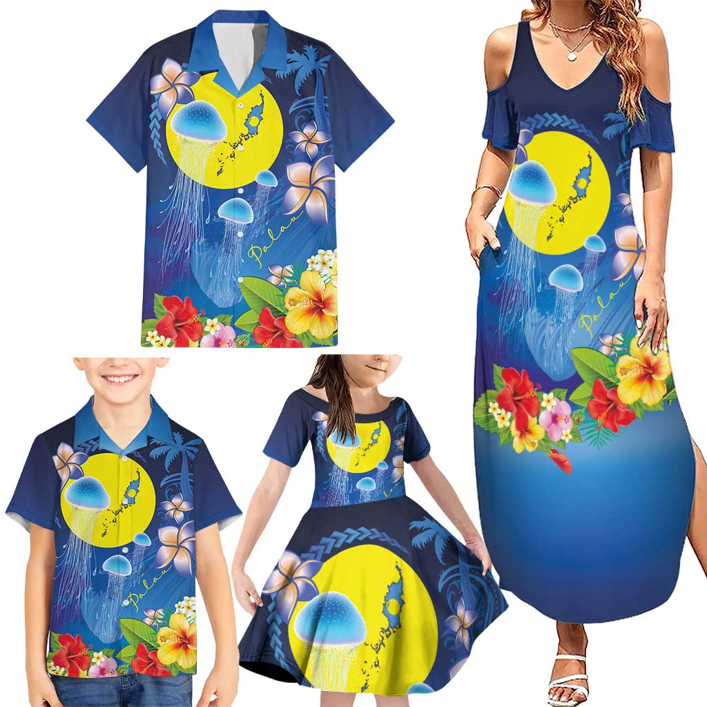 Palau Jellyfish Family Matching Summer Maxi Dress and Hawaiian Shirt Ocean Heritage Tropical Plants LT03 - Polynesian Pride
