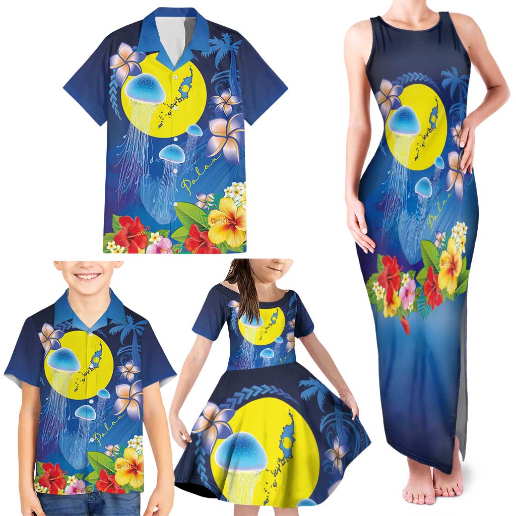 Palau Jellyfish Family Matching Tank Maxi Dress and Hawaiian Shirt Ocean Heritage Tropical Plants - Polynesian Pride