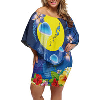 Palau Jellyfish Off Shoulder Short Dress Ocean Heritage Tropical Plants LT03 Women Blue - Polynesian Pride