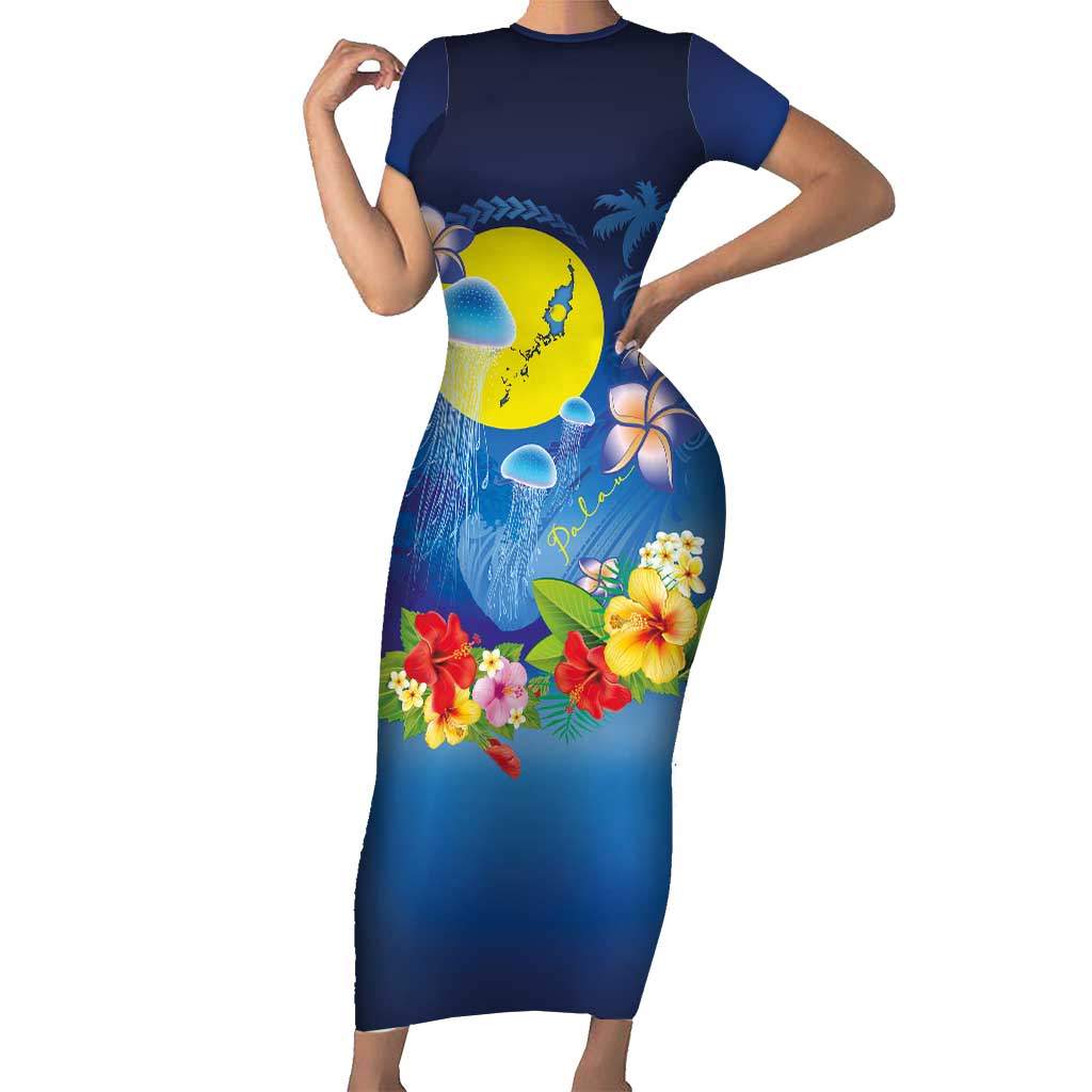 Palau Jellyfish Short Sleeve Bodycon Dress Ocean Heritage Tropical Plants - Polynesian Pride