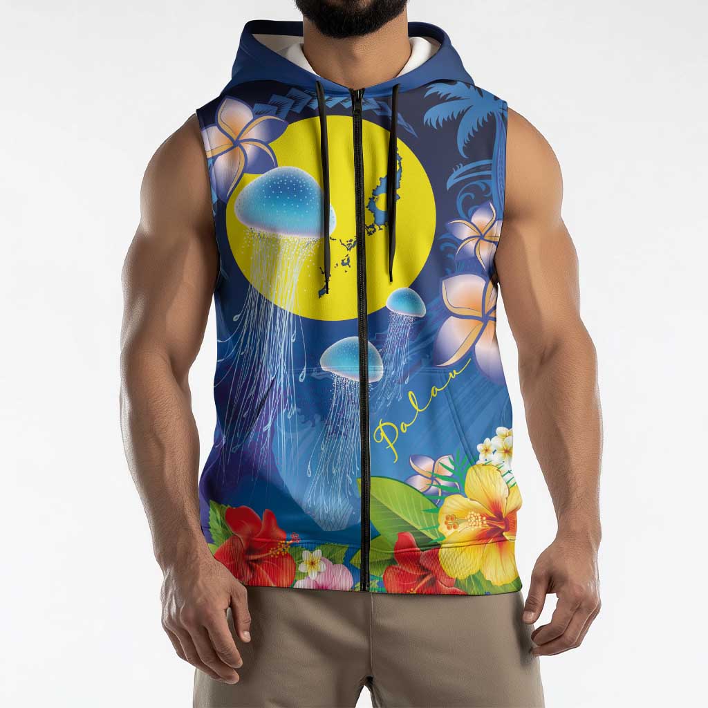 Palau Jellyfish Sleeveless Zip Hoodie Ocean Heritage Tropical Plants - Polynesian Pride