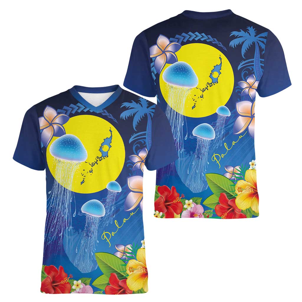 Palau Jellyfish Women V-Neck T-Shirt Ocean Heritage Tropical Plants - Polynesian Pride