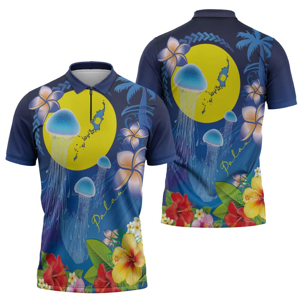 Palau Jellyfish Zipper Polo Shirt Ocean Heritage Tropical Plants - Polynesian Pride