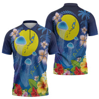 Palau Jellyfish Zipper Polo Shirt Ocean Heritage Tropical Plants - Polynesian Pride