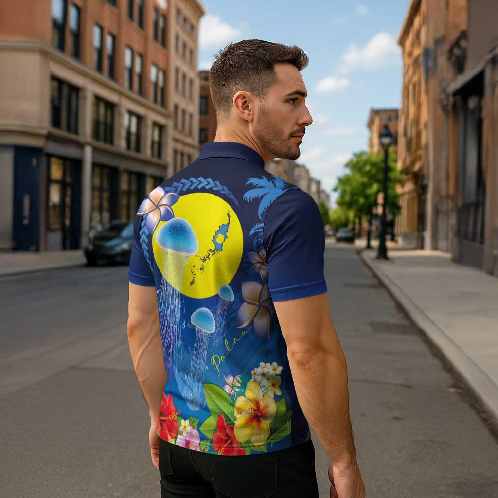Palau Jellyfish Zipper Polo Shirt Ocean Heritage Tropical Plants - Polynesian Pride