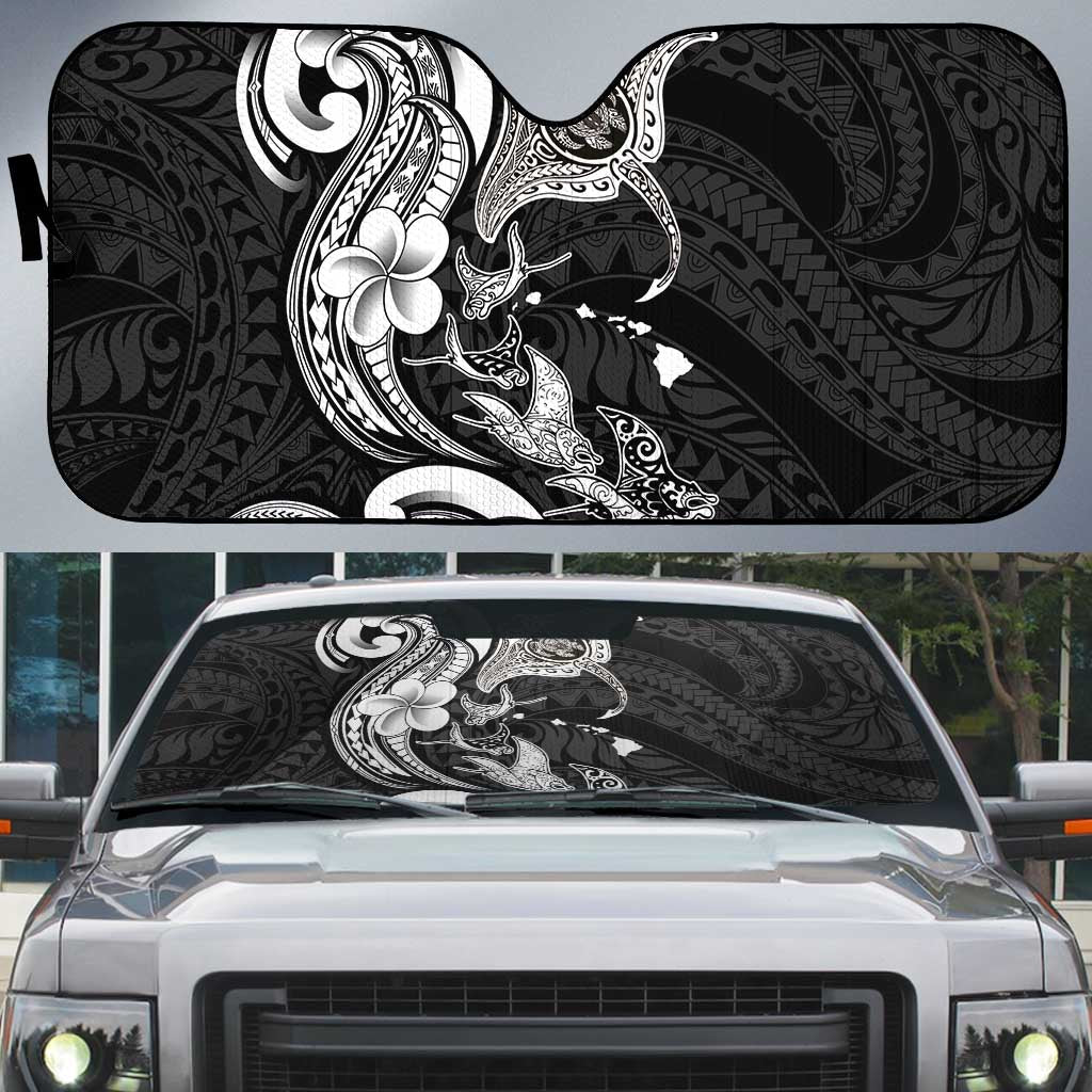 Hawaiian Manta Rays Auto Sun Shade Tribal Hibiscus Polynesian Tattoos Black Color LT03 Black - Polynesian Pride