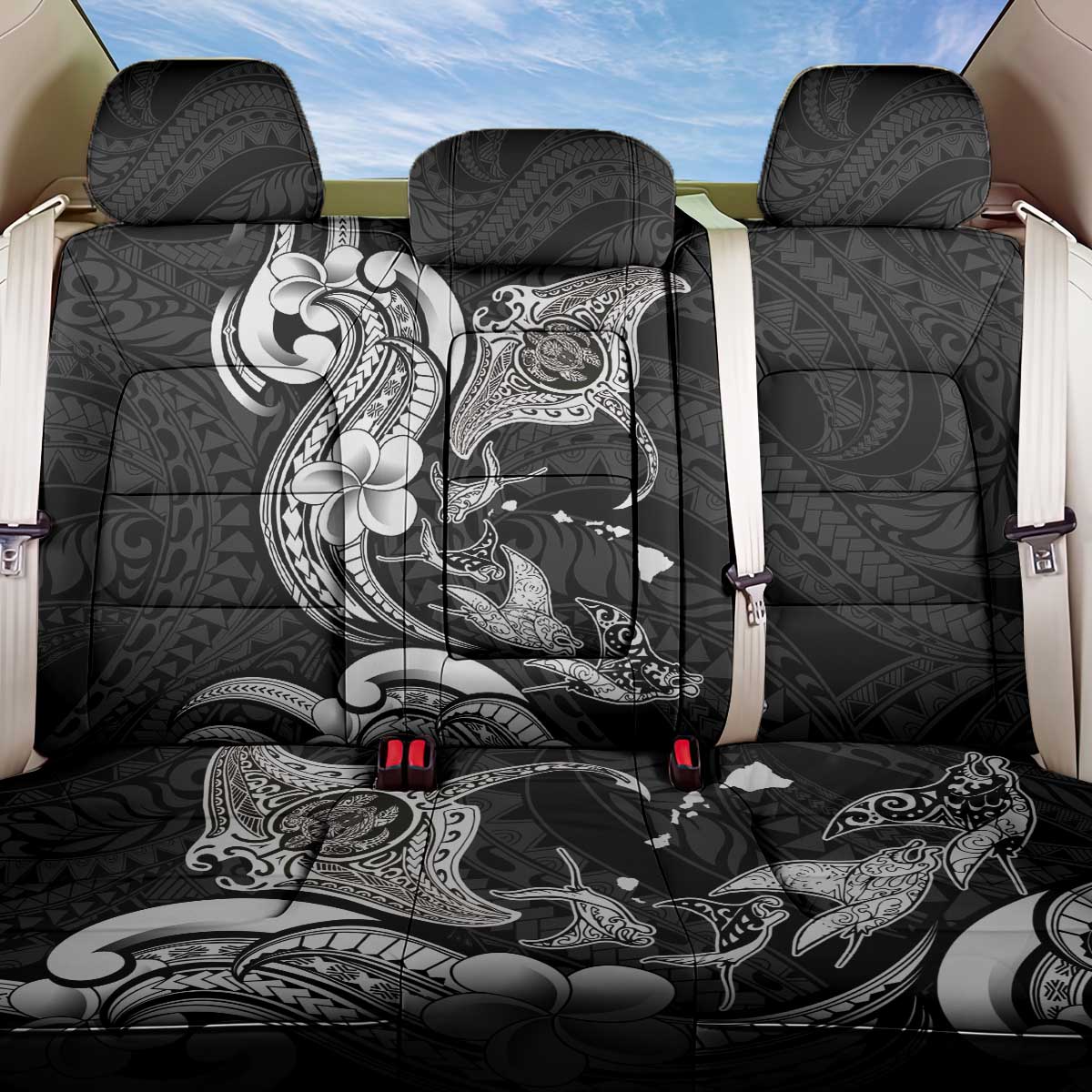 Hawaiian Manta Rays Back Car Seat Cover Tribal Hibiscus Polynesian Tattoos Black Color LT03 One Size Black - Polynesian Pride