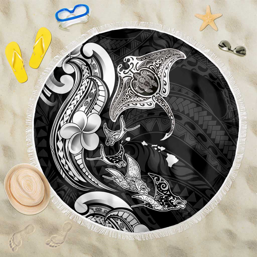 Hawaiian Manta Rays Beach Blanket Tribal Hibiscus Polynesian Tattoos Black Color LT03 One Size 150cm Black - Polynesian Pride