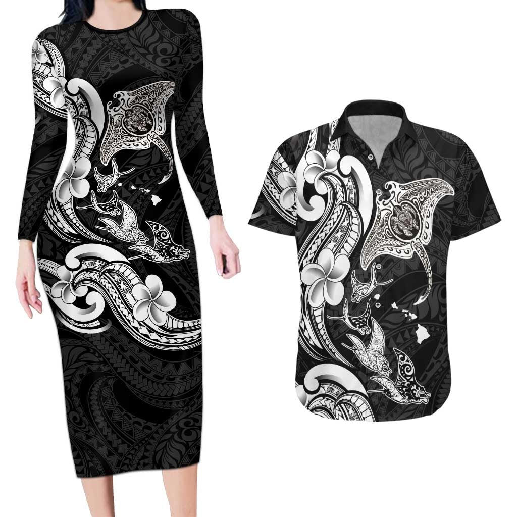 Hawaiian Manta Rays Couples Matching Long Sleeve Bodycon Dress and Hawaiian Shirt Tribal Hibiscus Polynesian Tattoos Black Color - Polynesian Pride