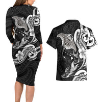 Hawaiian Manta Rays Couples Matching Long Sleeve Bodycon Dress and Hawaiian Shirt Tribal Hibiscus Polynesian Tattoos Black Color LT03 - Polynesian Pride