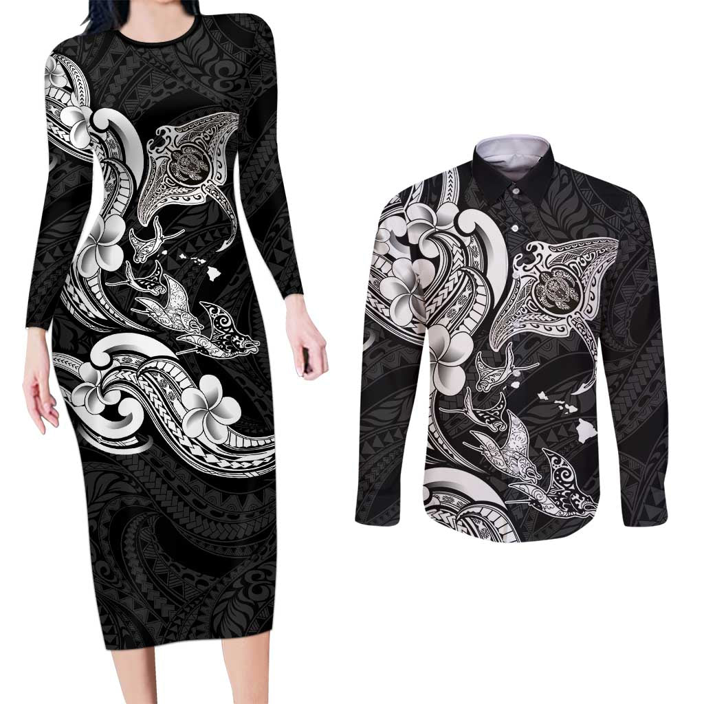 Hawaiian Manta Rays Couples Matching Long Sleeve Bodycon Dress and Long Sleeve Button Shirt Tribal Hibiscus Polynesian Tattoos Black Color LT03 Black - Polynesian Pride