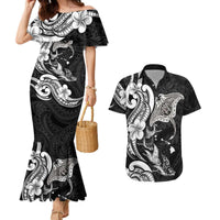 Hawaiian Manta Rays Couples Matching Mermaid Dress and Hawaiian Shirt Tribal Hibiscus Polynesian Tattoos Black Color LT03 Black - Polynesian Pride
