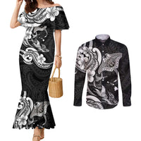 Hawaiian Manta Rays Couples Matching Mermaid Dress and Long Sleeve Button Shirt Tribal Hibiscus Polynesian Tattoos Black Color LT03 Black - Polynesian Pride