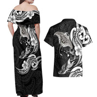 Hawaiian Manta Rays Couples Matching Off Shoulder Maxi Dress and Hawaiian Shirt Tribal Hibiscus Polynesian Tattoos Black Color LT03 - Polynesian Pride