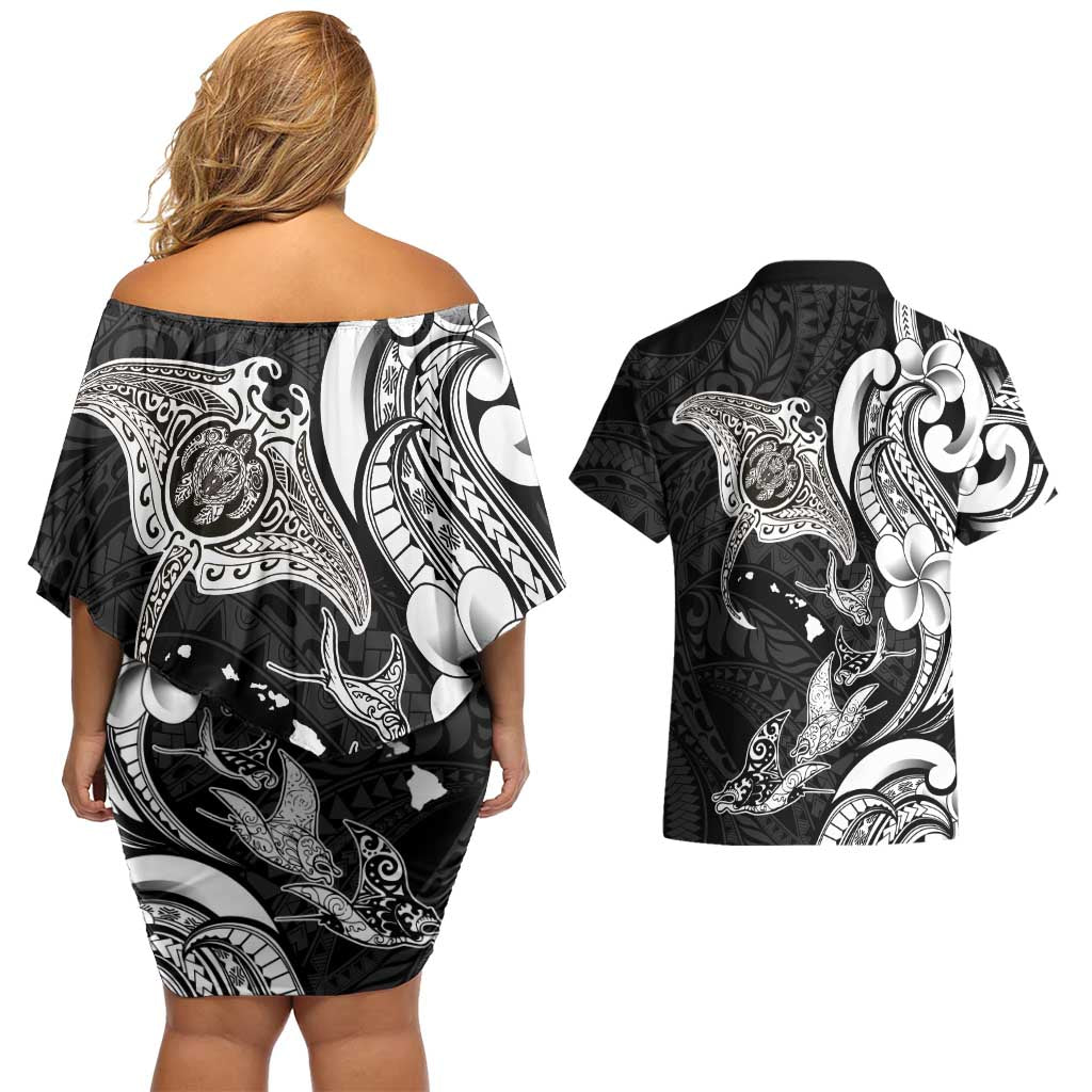 Hawaiian Manta Rays Couples Matching Off Shoulder Short Dress and Hawaiian Shirt Tribal Hibiscus Polynesian Tattoos Black Color LT03 - Polynesian Pride