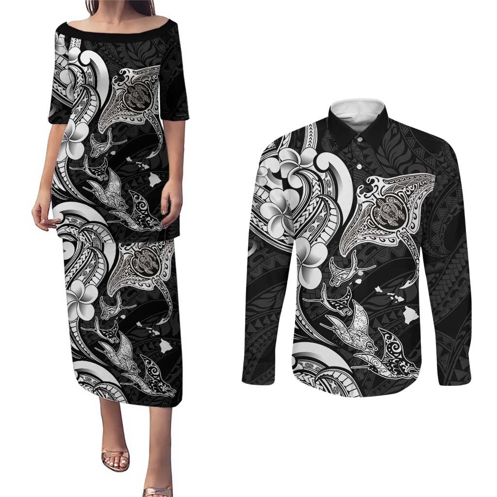 Hawaiian Manta Rays Couples Matching Puletasi and Long Sleeve Button Shirt Tribal Hibiscus Polynesian Tattoos Black Color - Polynesian Pride
