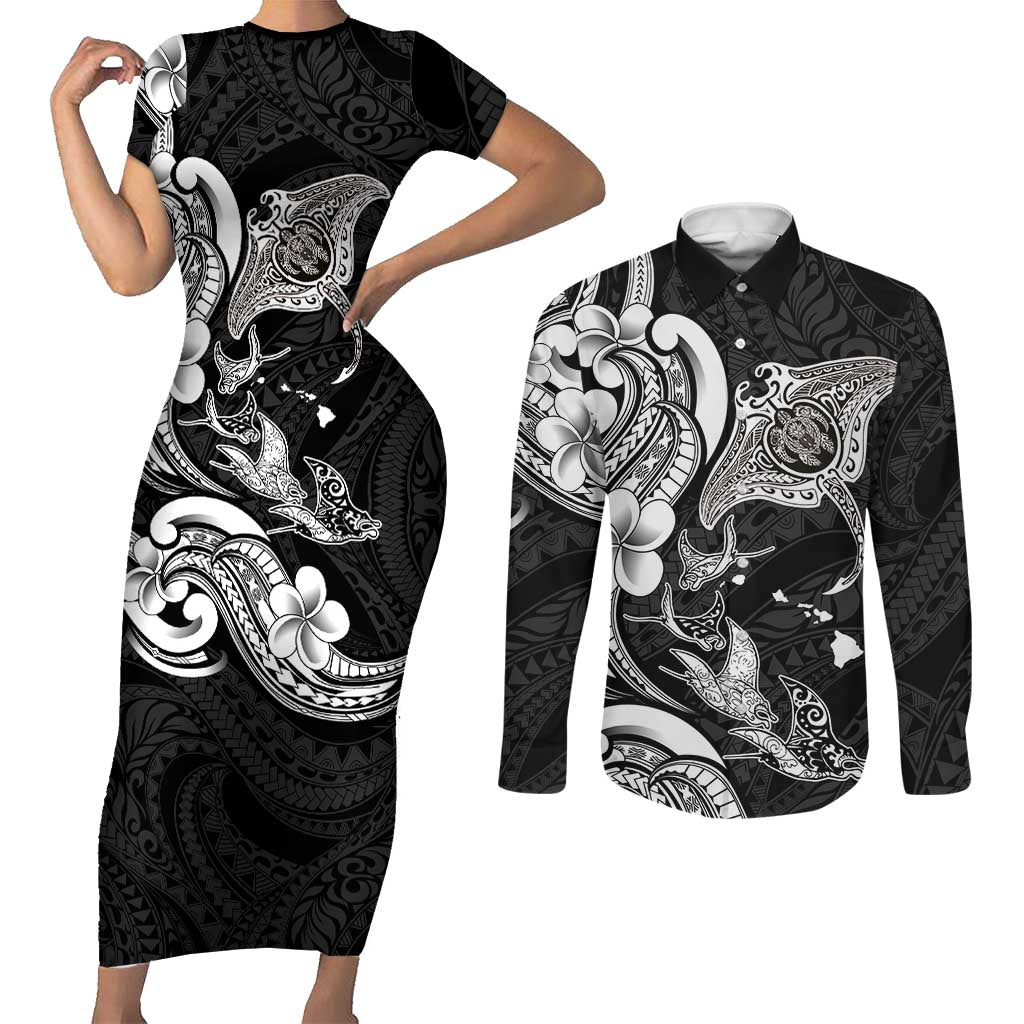 Hawaiian Manta Rays Couples Matching Short Sleeve Bodycon Dress and Long Sleeve Button Shirt Tribal Hibiscus Polynesian Tattoos Black Color LT03 Black - Polynesian Pride