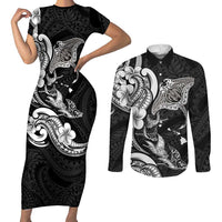 Hawaiian Manta Rays Couples Matching Short Sleeve Bodycon Dress and Long Sleeve Button Shirt Tribal Hibiscus Polynesian Tattoos Black Color LT03 Black - Polynesian Pride