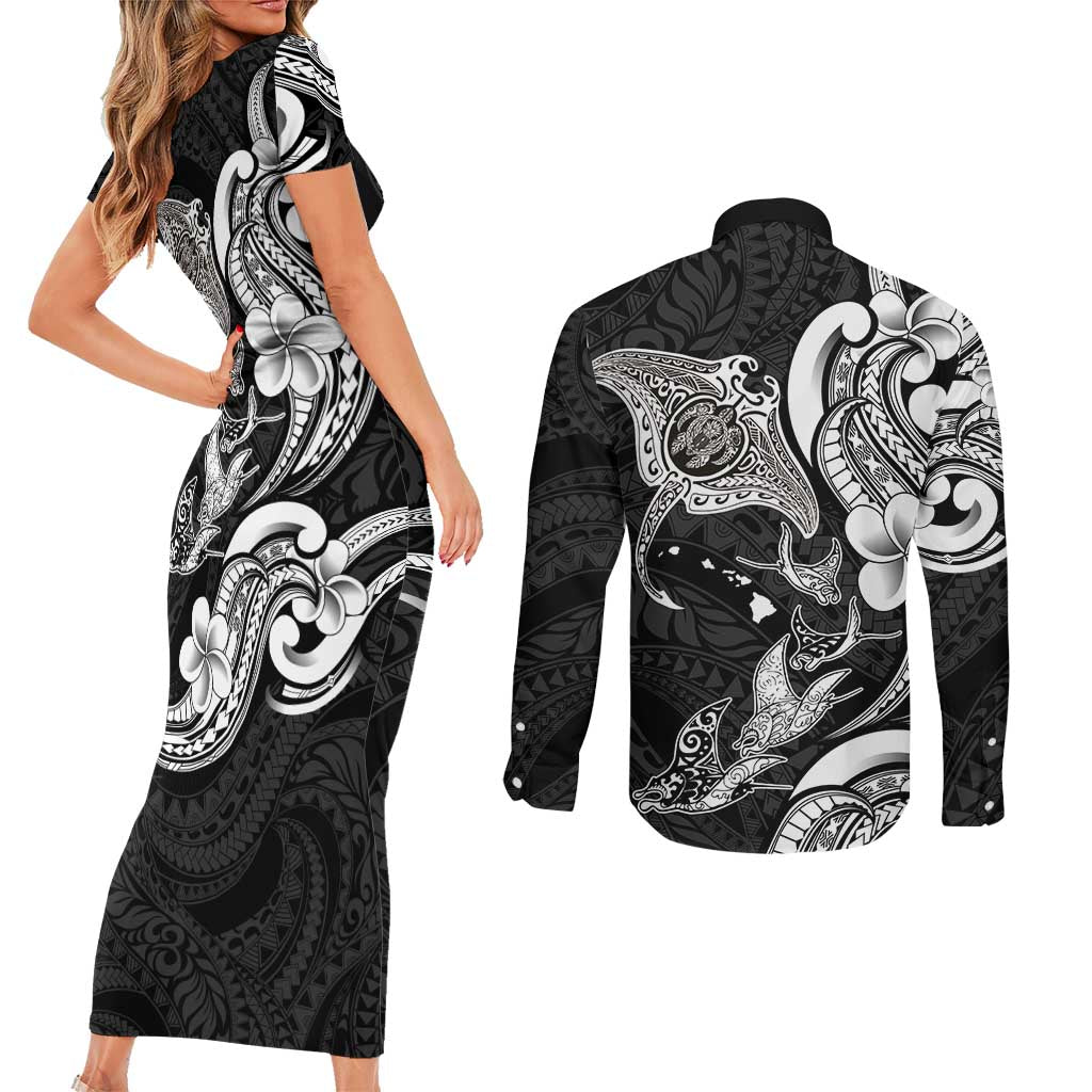 Hawaiian Manta Rays Couples Matching Short Sleeve Bodycon Dress and Long Sleeve Button Shirt Tribal Hibiscus Polynesian Tattoos Black Color LT03 - Polynesian Pride