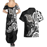 Hawaiian Manta Rays Couples Matching Summer Maxi Dress and Hawaiian Shirt Tribal Hibiscus Polynesian Tattoos Black Color LT03 - Polynesian Pride