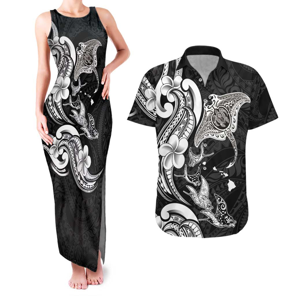 Hawaiian Manta Rays Couples Matching Tank Maxi Dress and Hawaiian Shirt Tribal Hibiscus Polynesian Tattoos Black Color - Polynesian Pride