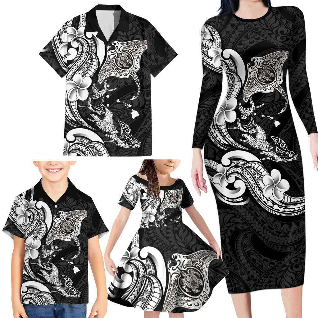 Hawaiian Manta Rays Family Matching Long Sleeve Bodycon Dress and Hawaiian Shirt Tribal Hibiscus Polynesian Tattoos Black Color LT03 - Polynesian Pride