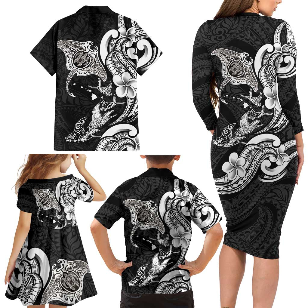 Hawaiian Manta Rays Family Matching Long Sleeve Bodycon Dress and Hawaiian Shirt Tribal Hibiscus Polynesian Tattoos Black Color LT03 - Polynesian Pride